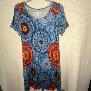 Vibrant Blue and Orange Mandala Print Midi Dress